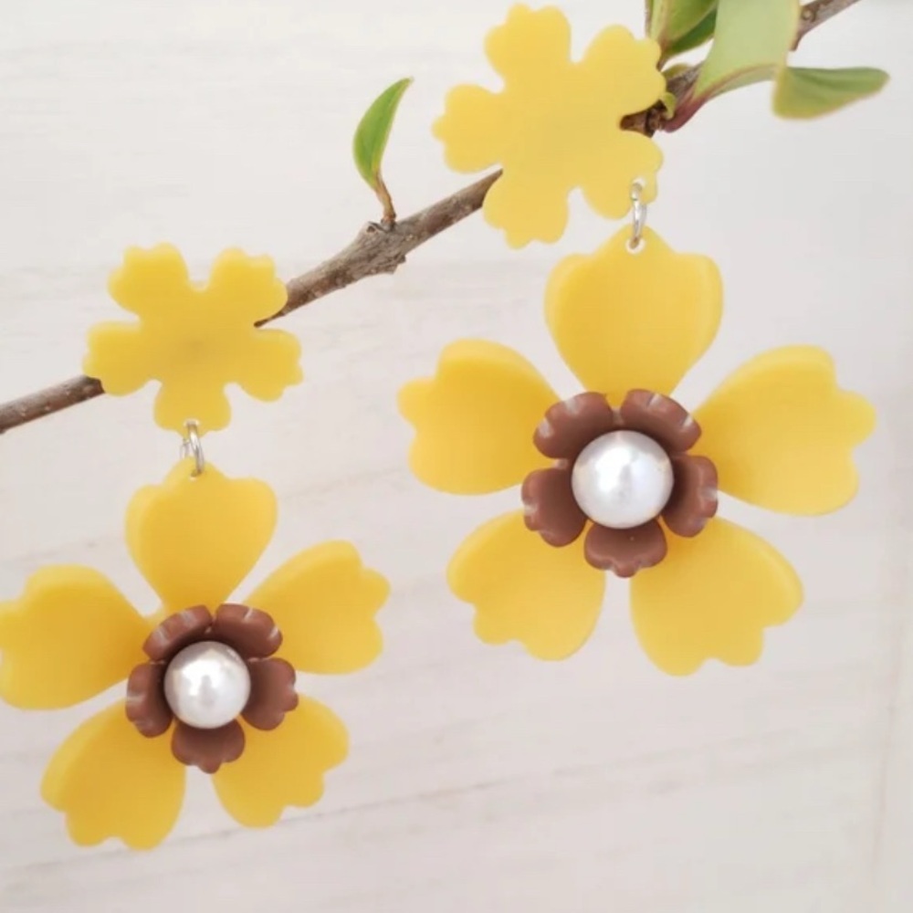Yellow Floral Earrings with Pearl Accent